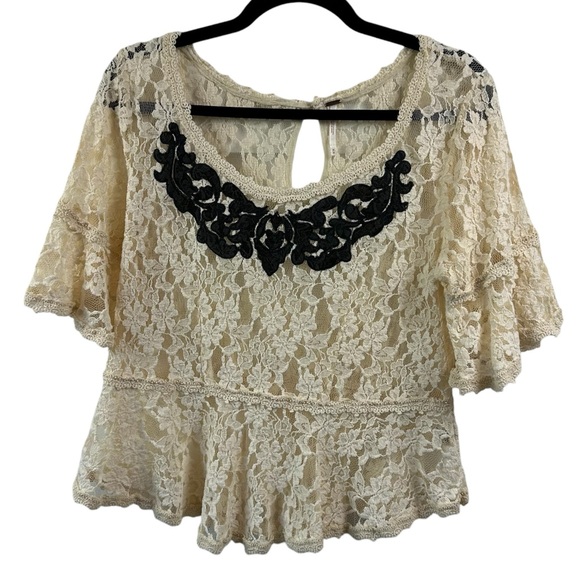Free People Cream Black Lace Embroidered Peplum Blouse Top Women's Size Medium - Picture 3 of 16